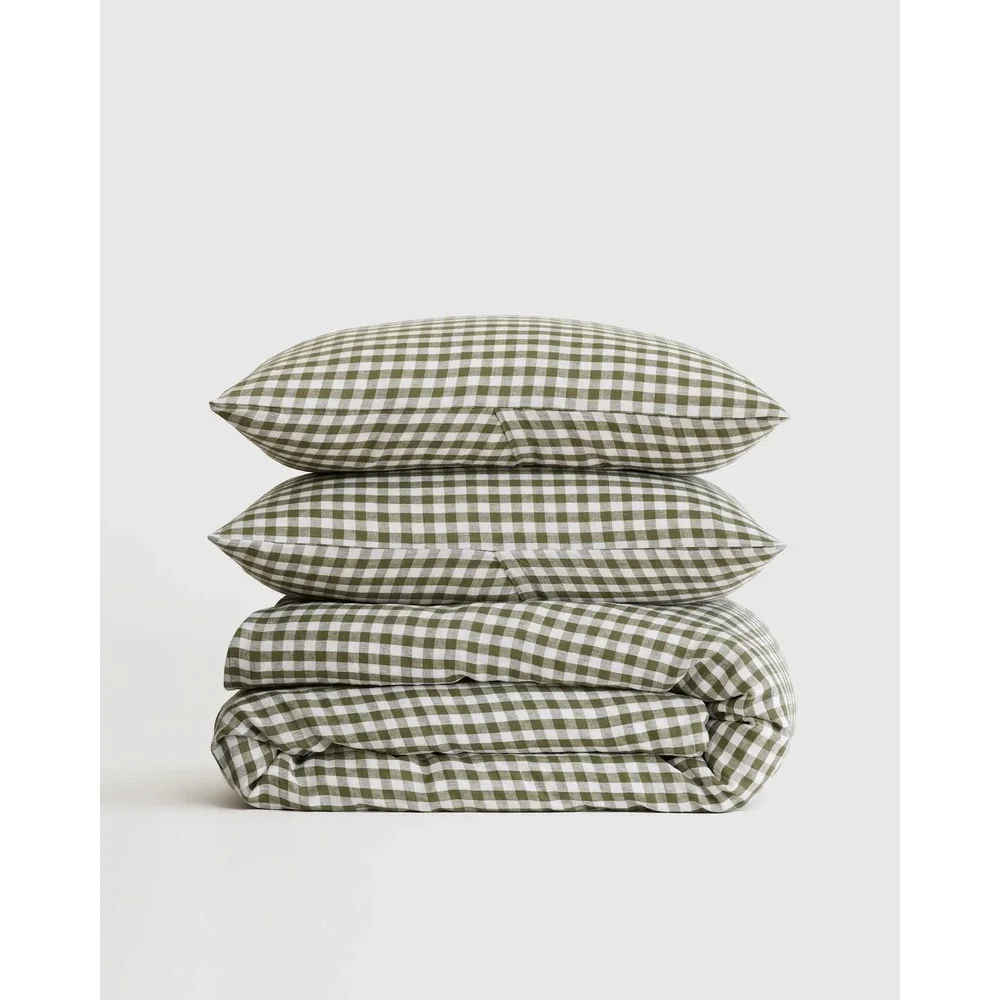 Quince Organic Cotton Gingham Duvet Cover Set Size Full Queen Olive Green NEW